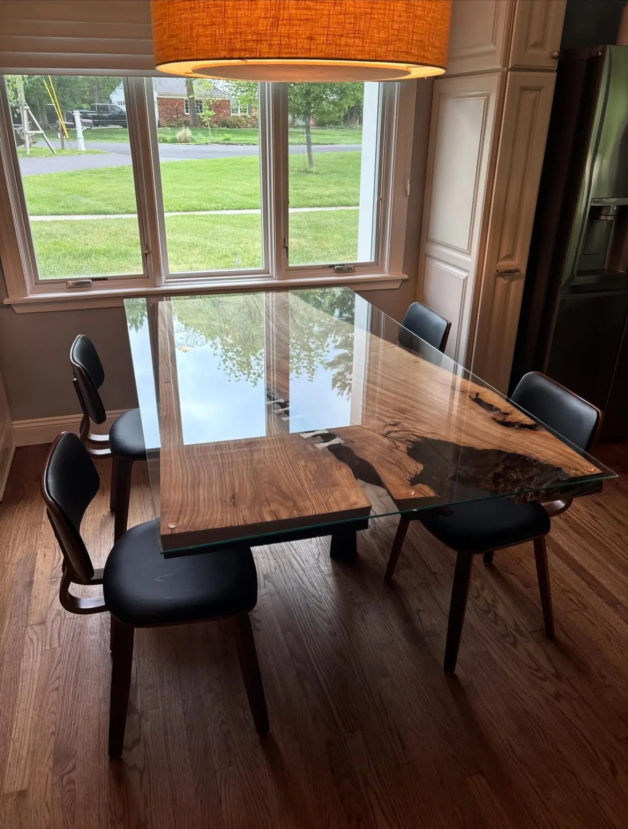 Ash slab finished as a dining table.